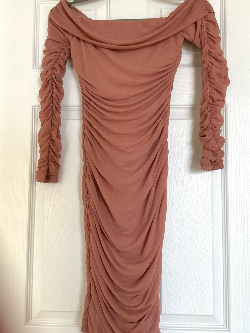 Ruched Off-Shoulder Midi Dress in Dusty Rose